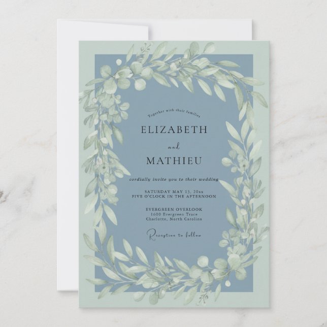 Dusty Slate Eucalyptus Wedding Invitation (Front)