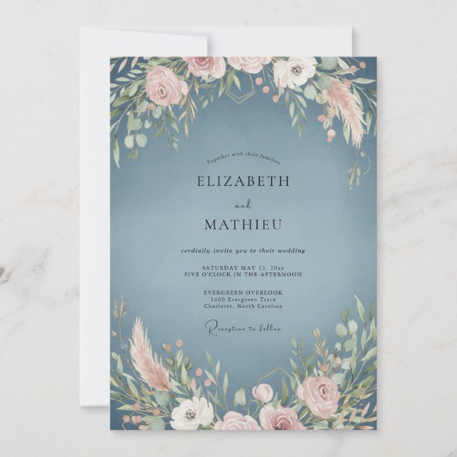 Dusty Slate Pampas Eucalyptus Wedding Invitation (Front)