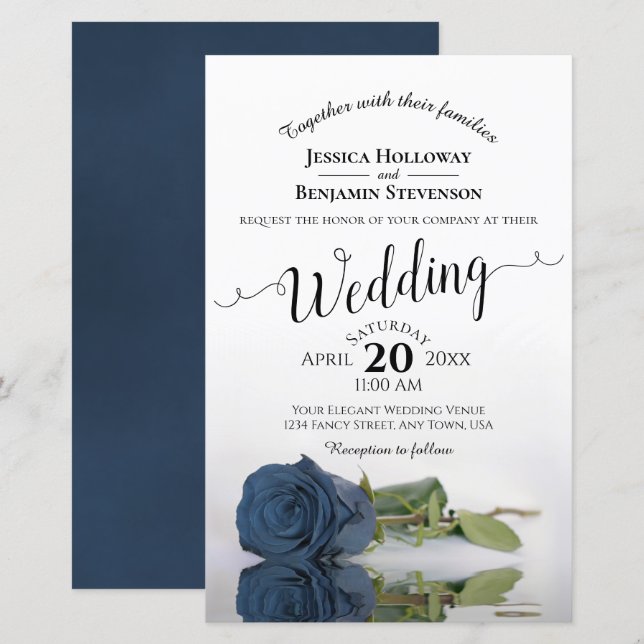 Dusty Steel Blue Rose BUDGET Wedding Invitation (Front/Back)