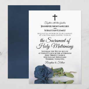 Dusty Steel Blue Rose Chic Modern Catholic Wedding Invitation