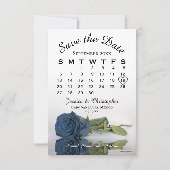Dusty Steel Blue Rose Elegant Wedding Calendar Save The Date (Front)