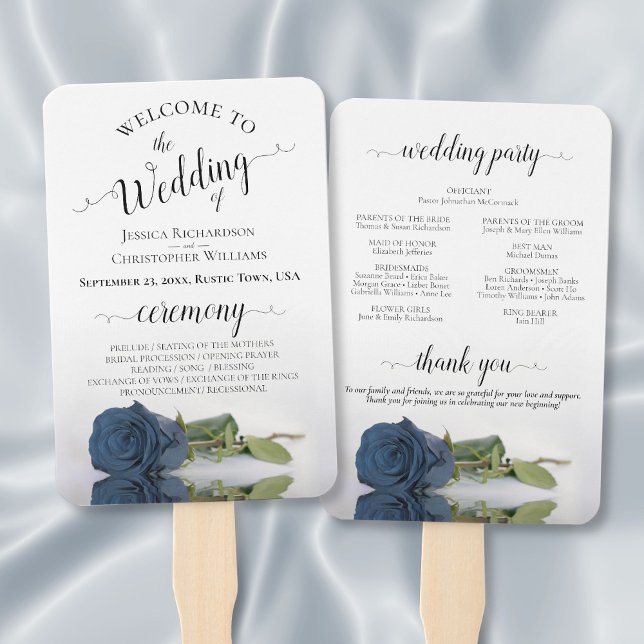Dusty Steel Blue Rose Elegant Wedding Program Hand Fan (Front/Back)