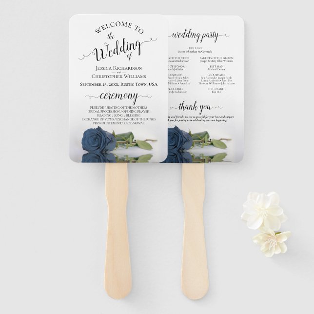 Dusty Steel Blue Rose Elegant Wedding Program Hand Fan (Front and Back)