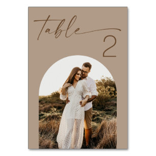 Dusty Taupe Wedding. Modern Arched Photo Reception Table Number