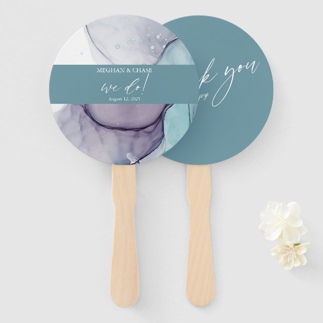 Dusty Teal Alcohol Ink Wedding  Hand Fan (Front and Back)