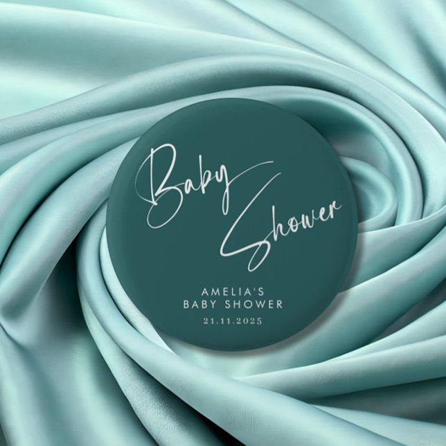 Dusty Teal Baby Shower Elegant Script Design 6 Cm Round Badge (Creator Uploaded)