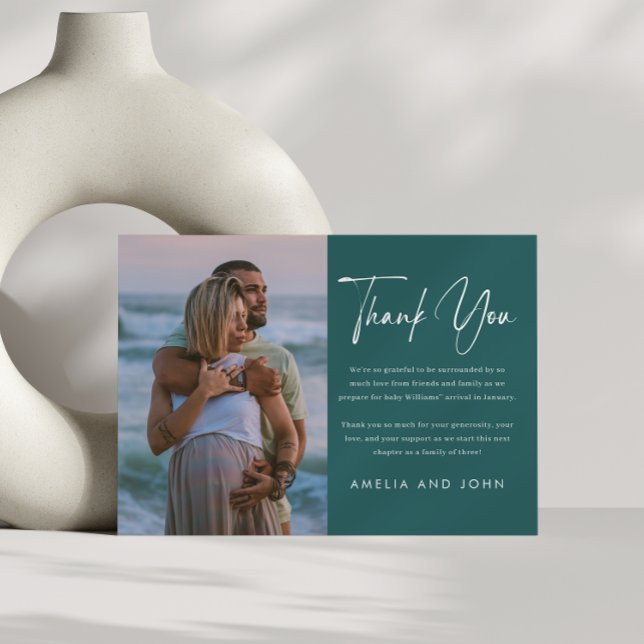 Dusty Teal Baby Shower Photo Thank You Card (Creator Uploaded)