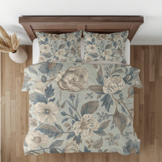 Dusty Teal Blue Brown Beige Farmhouse Floral Pillowcase