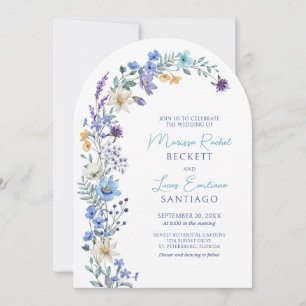 Dusty Teal Blue Lavender Wildflower Arch Wedding Invitation
