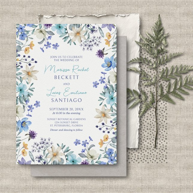 Dusty Teal Blue Lavender Wildflowers Wedding Invitation (Creator Uploaded)