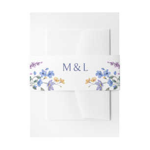 Dusty Teal Blue Lavender Wildflowers Wedding Invitation Belly Band