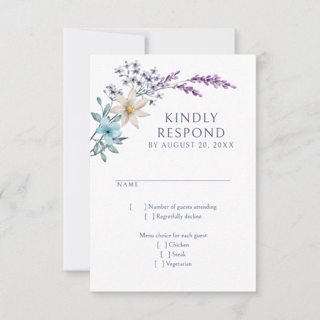 Dusty Teal Blue Lavender Wildflowers Wedding RSVP Card (Front)