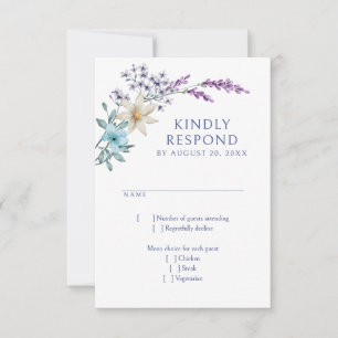 Dusty Teal Blue Lavender Wildflowers Wedding RSVP Card