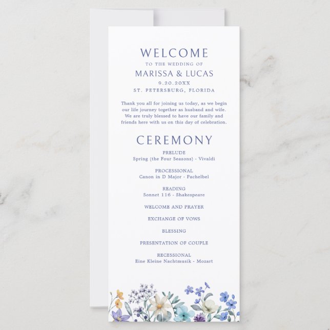Dusty Teal Blue Wildflowers Wedding Program (Front)