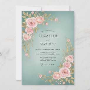 Dusty Teal Blush Rose Wedding Invitation