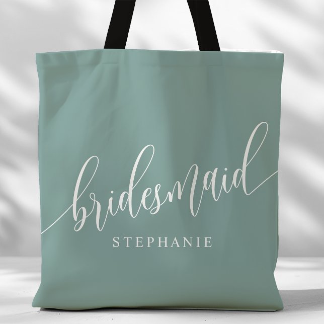 Dusty Teal Bridesmaid Modern Script Tote Bag (Creator Uploaded)