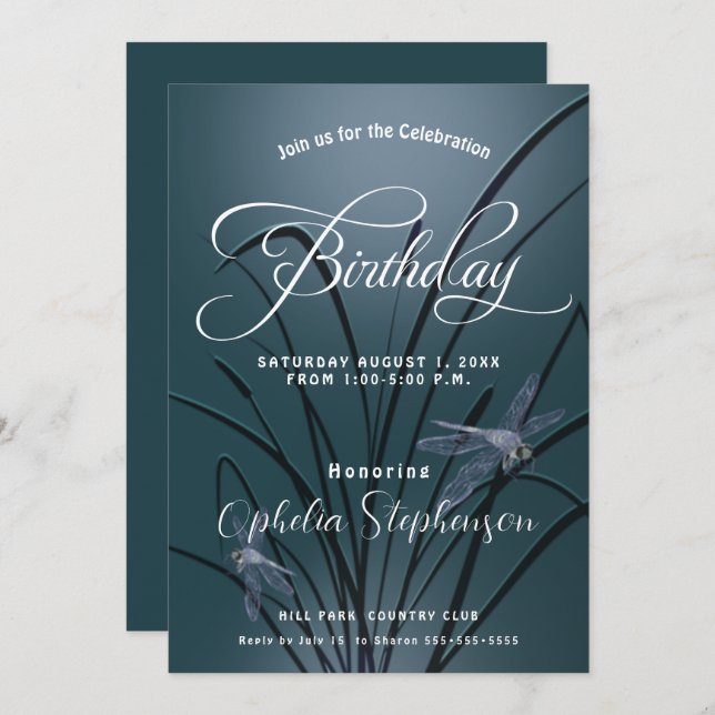 Dusty Teal  Dragonfly Birthday Invitation (Front/Back)