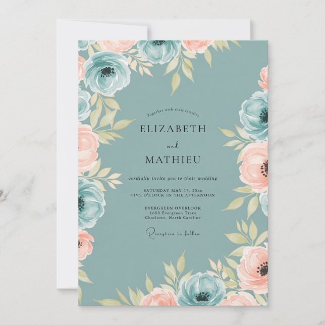 Dusty Teal Ethereal Peony Wedding Invitation (Front)
