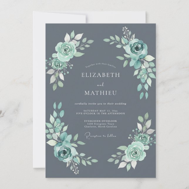 Dusty Teal Ethereal Winter Wedding Invitation (Front)