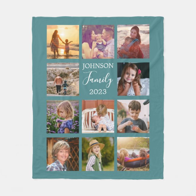 Dusty Teal Family Photo Collage Blanket (Front)