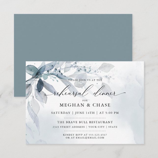 Dusty Teal Foliage Watercolor Rehearsal Dinner Invitation (Front/Back)