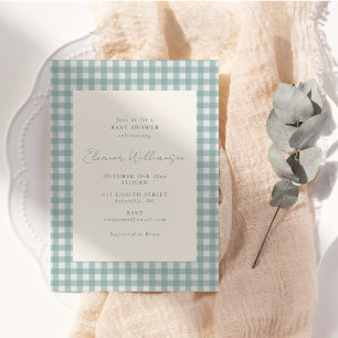 Dusty Teal Gingham Classic Elegant Baby Shower Invitation