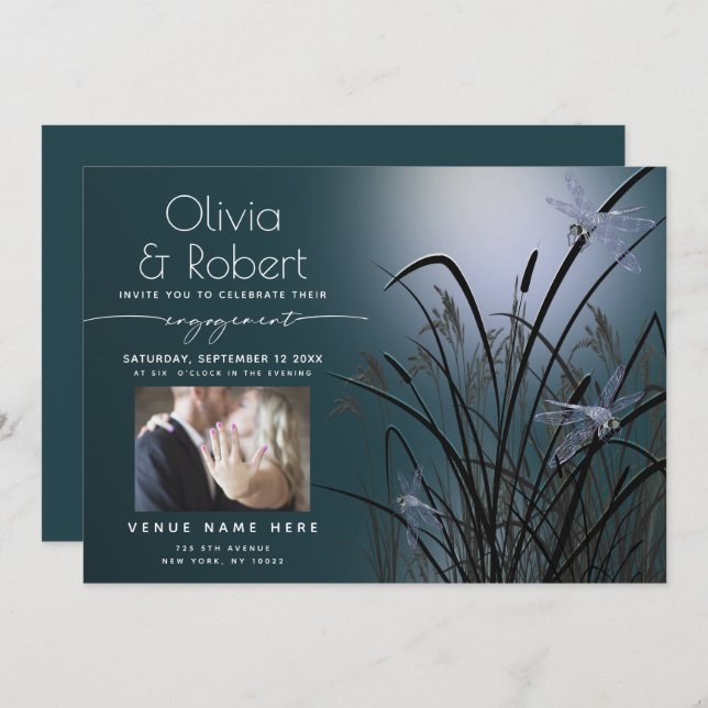 Dusty Teal Glow Engagement Moonlight Dragonfly  Invitation (Front/Back)
