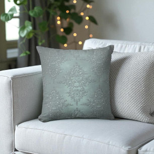 Dusty Teal Grey Fancy Damask Style Pattern Cushion