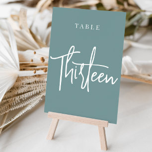 Dusty Teal Hand Scripted Table THIRTEEN Number