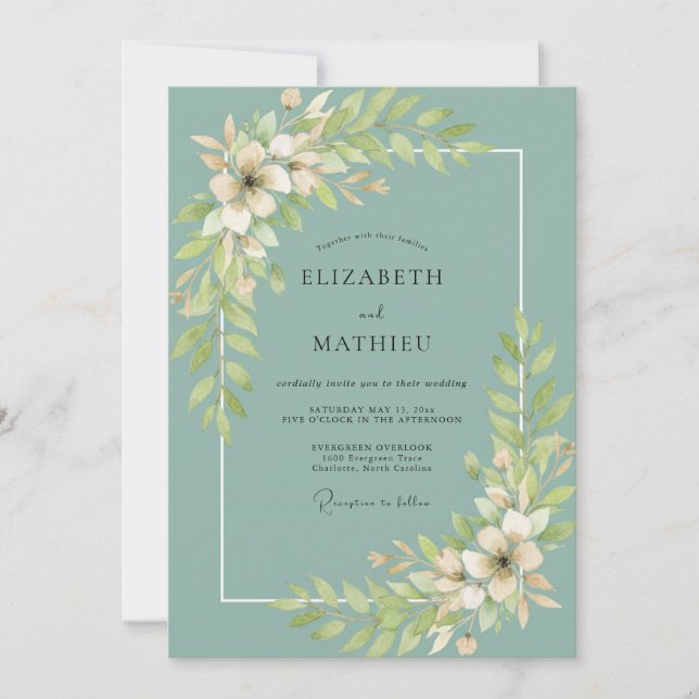Dusty Teal Leaf Wedding Invitation (Front)