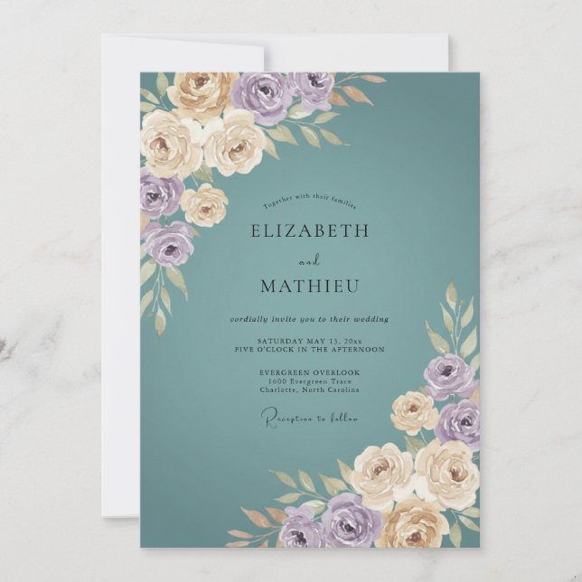 Dusty Teal Lilac Rose Wedding Invitation (Front)