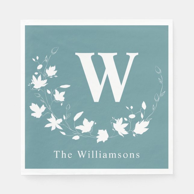 Dusty Teal Monogram Floral Wreath Family Party Napkin (Front)
