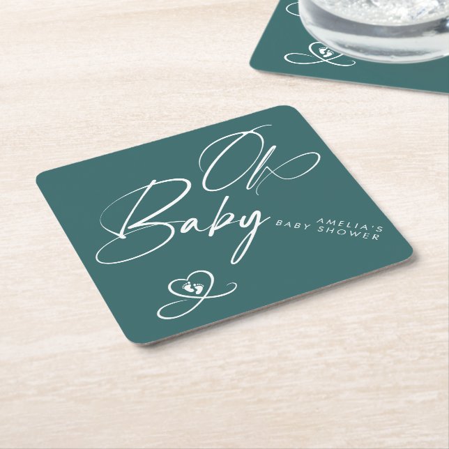 Dusty Teal Oh Baby Baby Shower Design Paper Coaster (Angled)