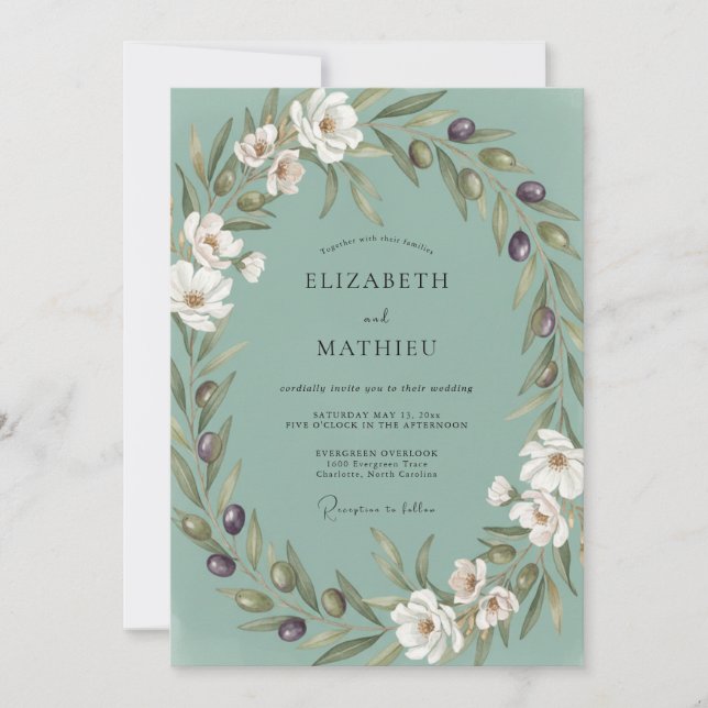 Dusty Teal Olive Eucalyptus Wedding Invitation (Front)