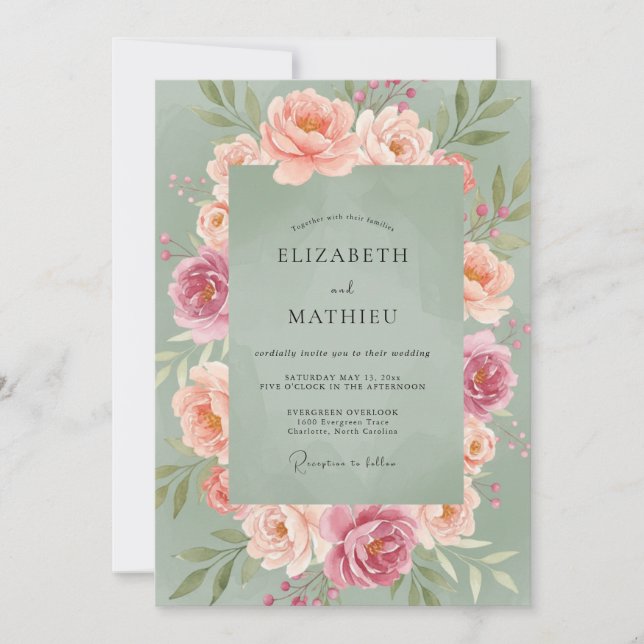 Dusty Teal Ranunculus Eucalyptus Wedding Invitation (Front)