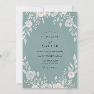 Dusty Teal Ranunculus Soft Eucalyptus Wedding Invitation