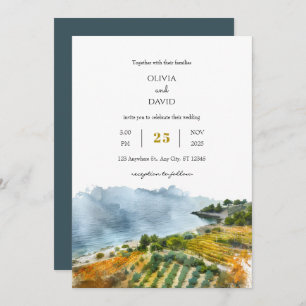 Dusty Teal Seaside Coastal Landscape Beach Wedding Invitation