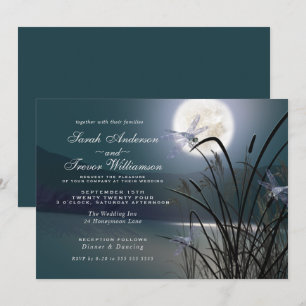 Dusty Teal Wedding Full Moon Dragonfly Pond Invitation