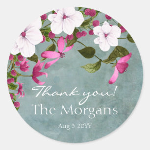 Dusty Teal White Magenta Green Floral Classic Round Sticker