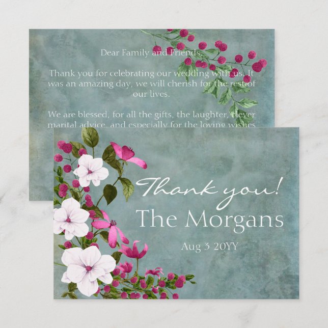 Dusty Teal White Magenta Green Floral Thank You Card (Front/Back)