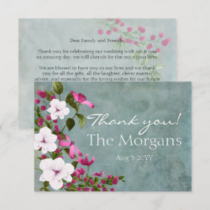 Dusty Teal White Magenta Green Floral Thank You Card