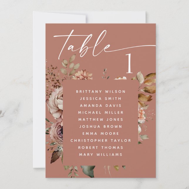 Dusty Terracotta Boho Floral Wedding Seating Chart Invitation (Front)
