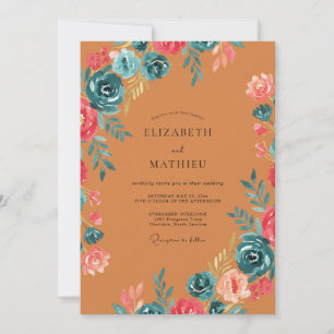 Dusty Terracotta Coral Peony Wedding Invitation
