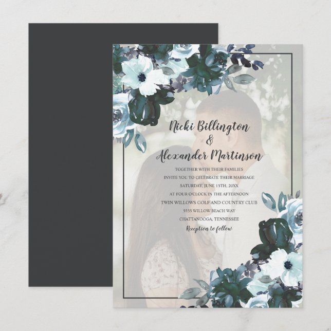 Dusty Twilight Blue Floral Wedding Photo Invitation (Front/Back)