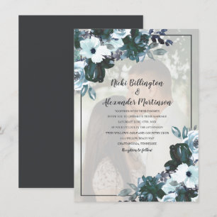 Dusty Twilight Blue Floral Wedding Photo Invitation