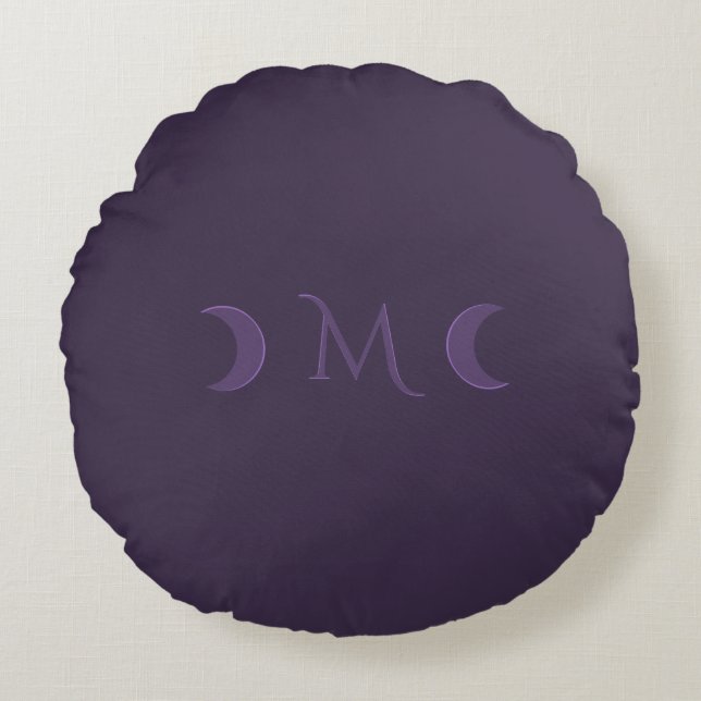 Dusty Violet Crescent Moons Monogram Round Cushion (Front)