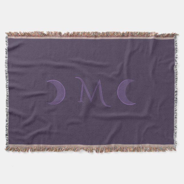 Dusty Violet Crescent Moons Monogram Throw Blanket (Front)