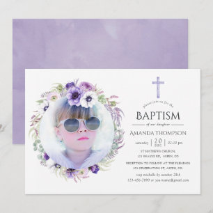 Dusty Violet Floral Baptism Invitation
