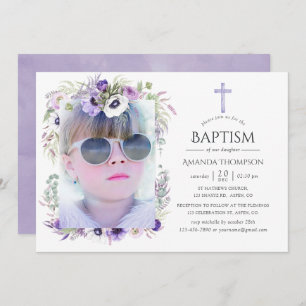 Dusty Violet Floral Baptism or Christening Invitation