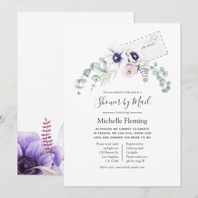 Dusty Violet Floral Bridal or Baby Shower by Mail Invitation (Front/Back)